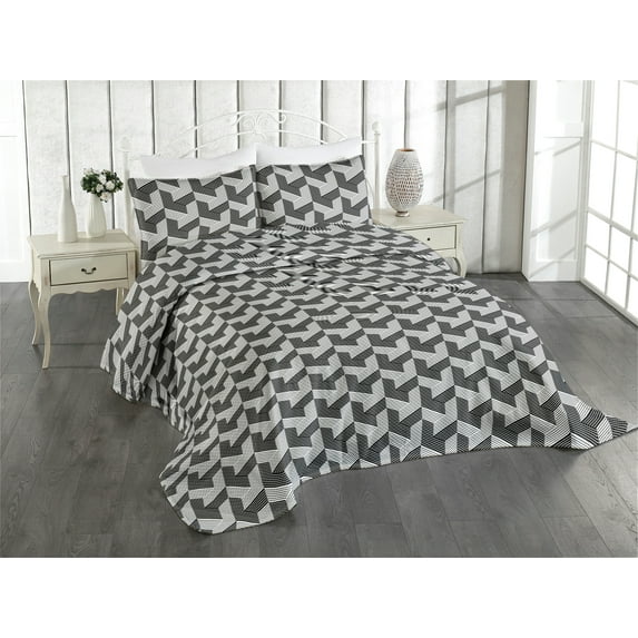 Ambesonne Geometric Quilted Coverlet 3 Pcs, Contemporary Stripes Art, Queen Size, Black and Pale Grey