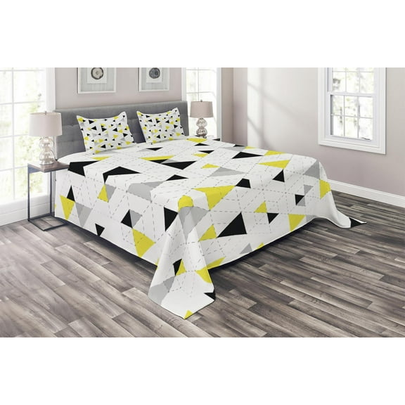 Ambesonne Geometric Quilted Coverlet 3 Pcs, Diamond Motives in Mosaic, King Size, Yellow Black