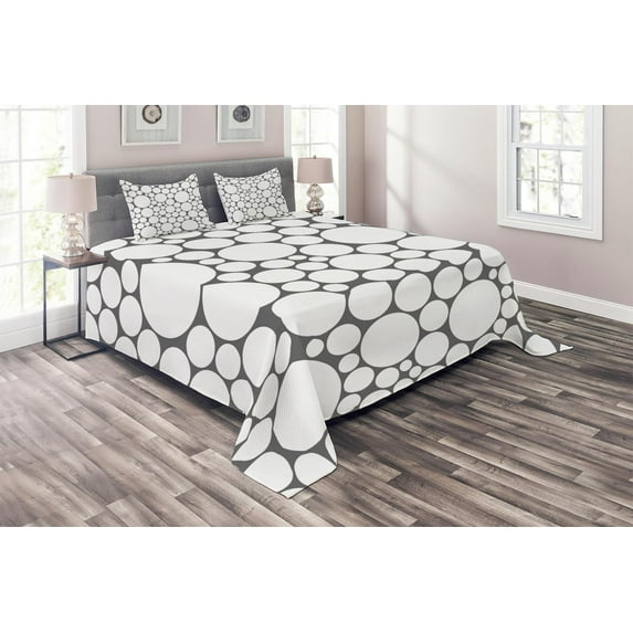 Ambesonne Geometric Quilted Coverlet 3 Pcs, Grey White Circle, Queen Size, Dark Grey White