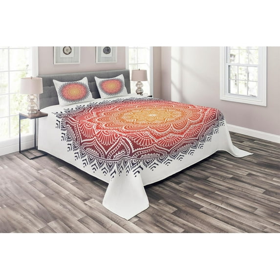 Ambesonne Geometric Quilted Coverlet 3 Pcs, Mandala Orient Heart, Queen Size, Multicolor