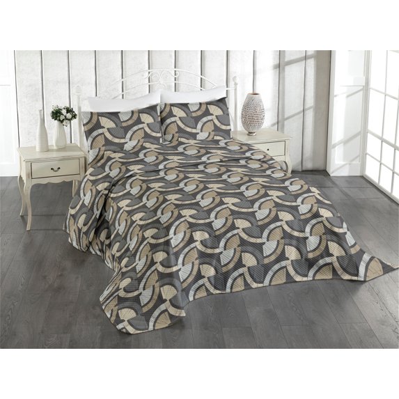 Ambesonne Geometric Quilted Coverlet 3 Pcs, Minimalist Round Shapes, Queen Size, Taupe Grey and Pale Sepia