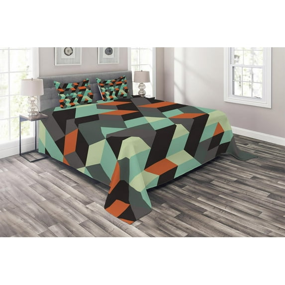 Ambesonne Geometric Quilted Coverlet 3 Pcs, Modern Design Image, King Size, Multicolor