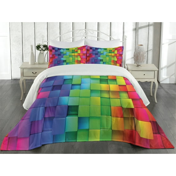 Ambesonne Geometric Quilted Coverlet 3 Pcs, Rainbow Color, Queen Size, Multicolor