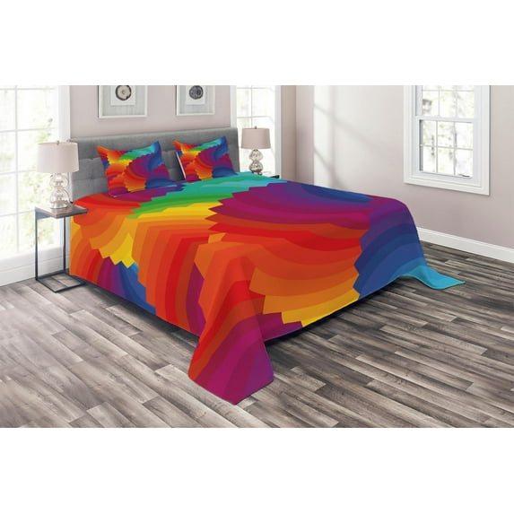 Ambesonne Geometric Quilted Coverlet 3 Pcs, Sea Shell Stripes, Queen Size, Multicolor