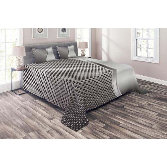 Ambesonne Geometric Quilted Coverlet 3 Pcs, Square Shaped Grids, Queen Size, Grey