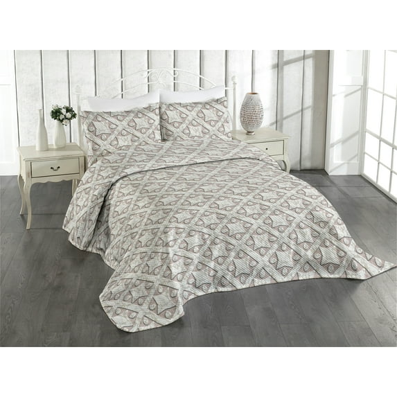 Ambesonne Geometric Quilted Coverlet 3 Pcs, Stone Print Ethnic Boho, Queen Size, Pale Pink Eggshell