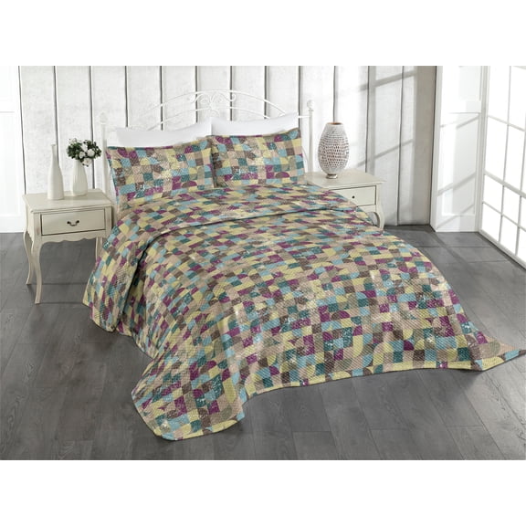 Ambesonne Geometric Quilted Coverlet 3 Pcs, Surreal Quadrant Squares, Queen Size, Avocado Green Purple Teal