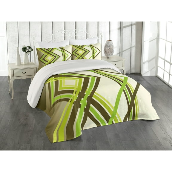 Ambesonne Geometric Quilted Coverlet 3 Pcs, Trippy Diamond Shapes, King Size, Lime Green Army Green