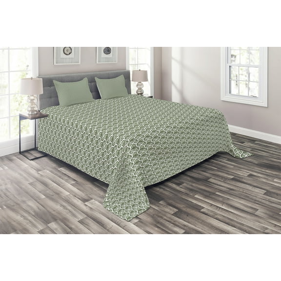 Ambesonne Geometric Quilted Coverlet 3 Pcs, Vintage Rhombus Stripes, King Size, Pale Sage Green