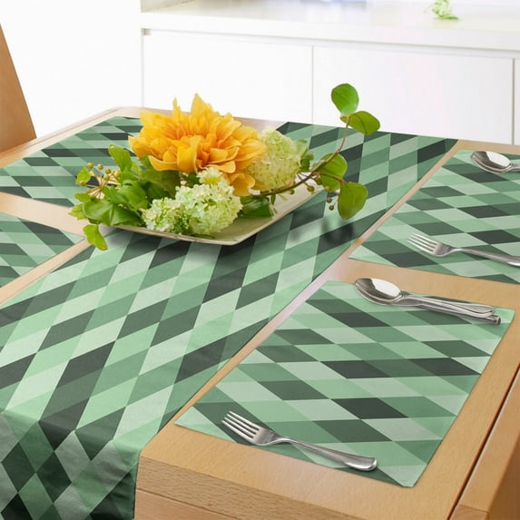 Ambesonne Geometric Rhombus Table Runner & Placemats, Green Hues Argyle, Placemat 4 pcs + Runner 14"x90", Pale Green Dark Green