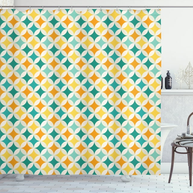 Ambesonne Geometric Shower Curtain, Abstract Circle Cube, 69"Wx75"L, Yellow and Blue