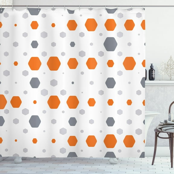 Ambesonne Geometric Shower Curtain, Abstract Hexagons Pattern, 69"Wx84"L, Orange Grey Pale Grey