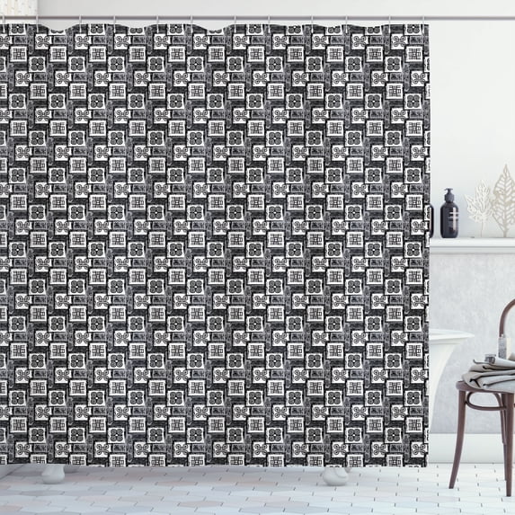 Ambesonne Geometric Shower Curtain, Cultural Adinkra Ashanti, 69"Wx84"L, Dimgray White