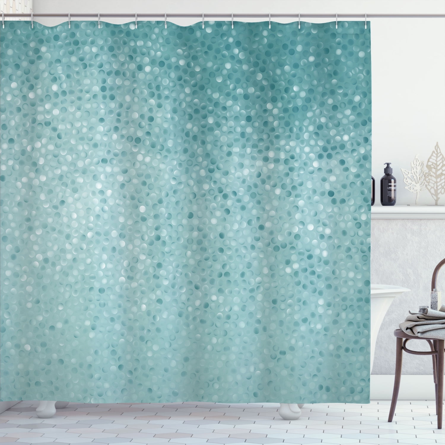 Mint Green Geometric Dot Print Fabric Shower Curtain