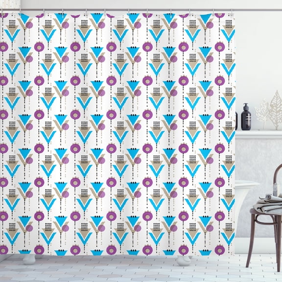 Ambesonne Geometric Shower Curtain, Dots Circles V Shapes Art, 69"Wx70"L, Sky Blue White and Dusk