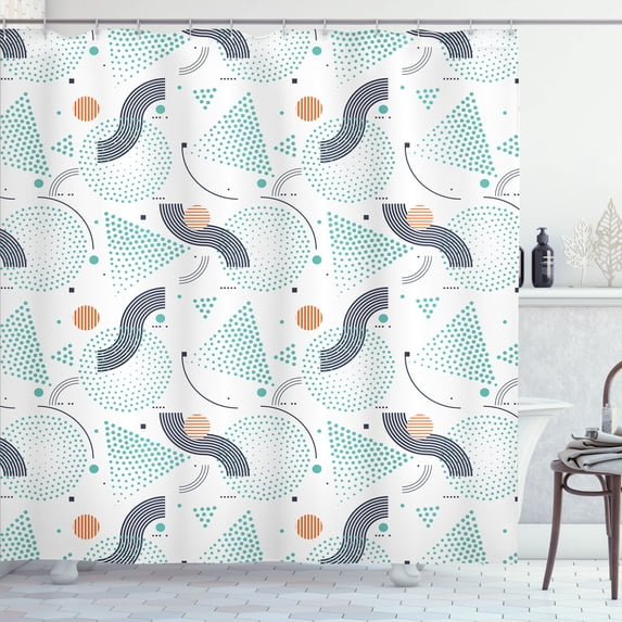 Ambesonne Geometric Shower Curtain, Dots Triangles Stripes, 69"Wx84"L, Seafoam and Burnt Sienna