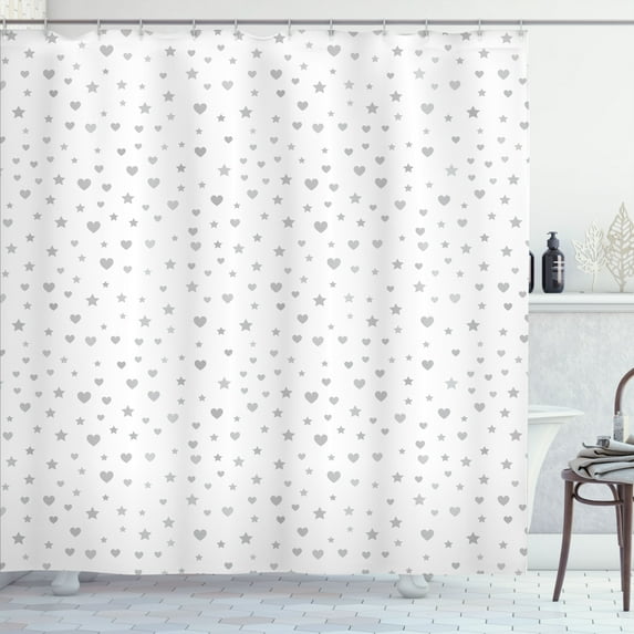 Ambesonne Geometric Shower Curtain, Little Hearts and Stars, 69"Wx70"L, Grey and White