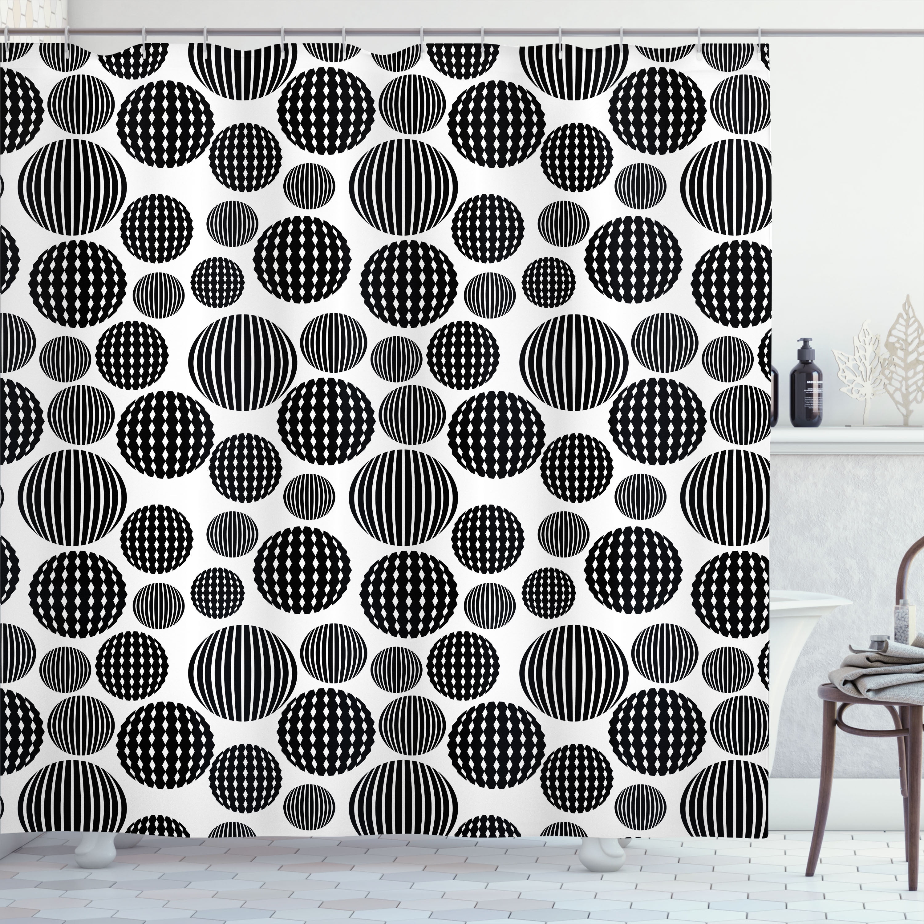 Charcoal Grey and White Circle Brush Stroke Shower Curtain