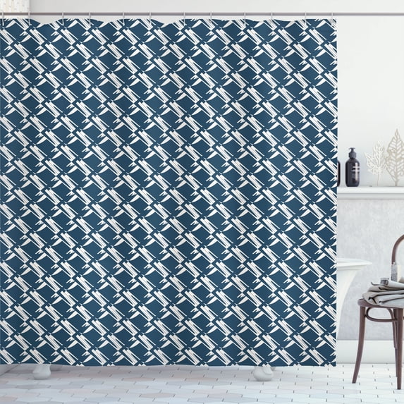Ambesonne Geometric Shower Curtain, Monochrome Vintage Shapes, 69"Wx70"L, Dark Sky Blue and White