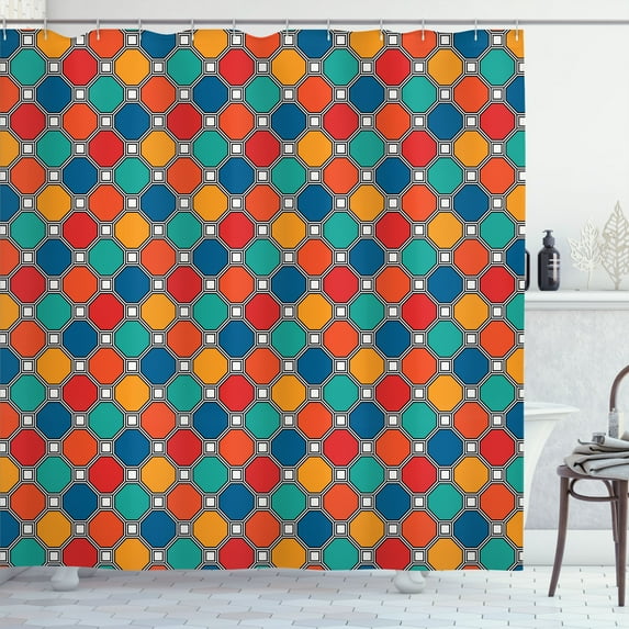 Ambesonne Geometric Shower Curtain, Octagons with Squares, 69"Wx75"L, Multicolor