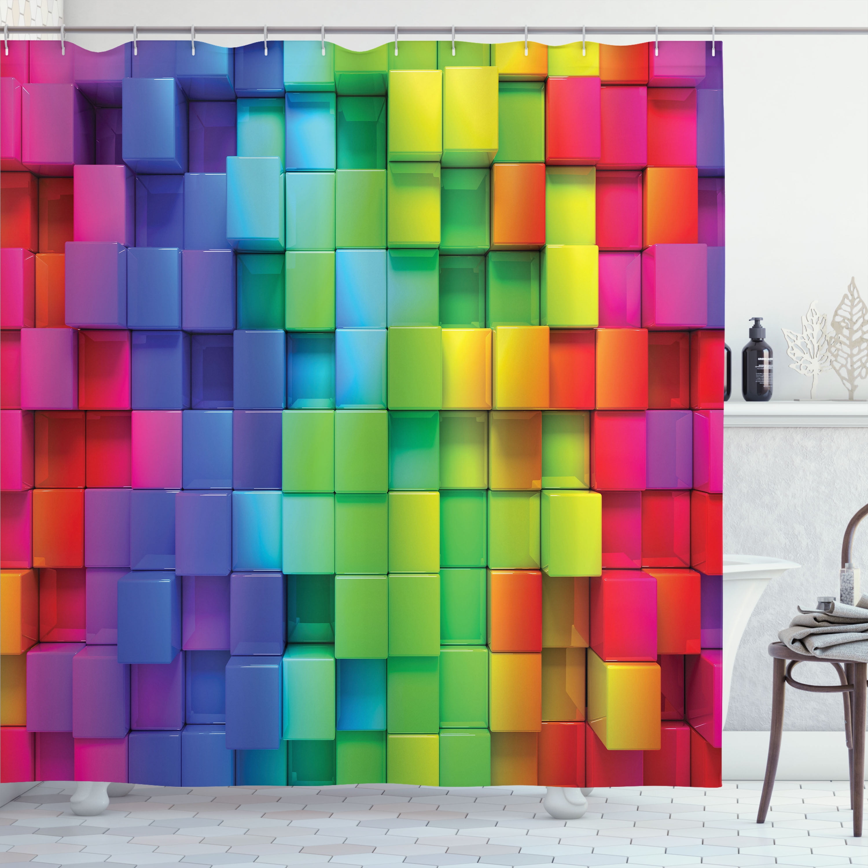Vibrant Multicolor Geometric Fabric Shower Curtain with Hooks