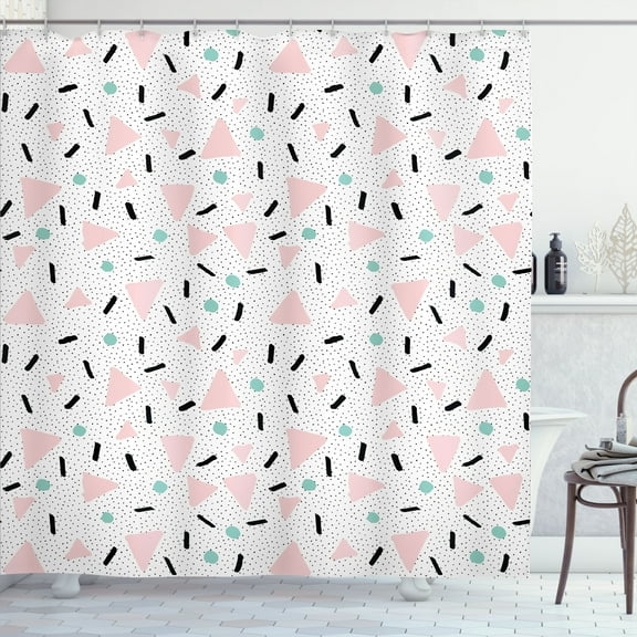 Ambesonne Geometric Shower Curtain, Retro Triangles Dots, 69"Wx84"L, Pale Pink Teal Black