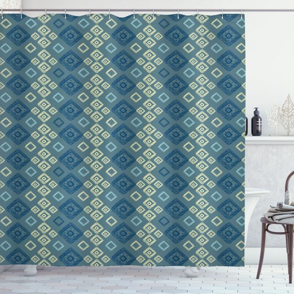Ambesonne Geometric Shower Curtain, Sketch Squares Retro Art, 69"Wx75"L, Dark Sky Blue Slate Blue
