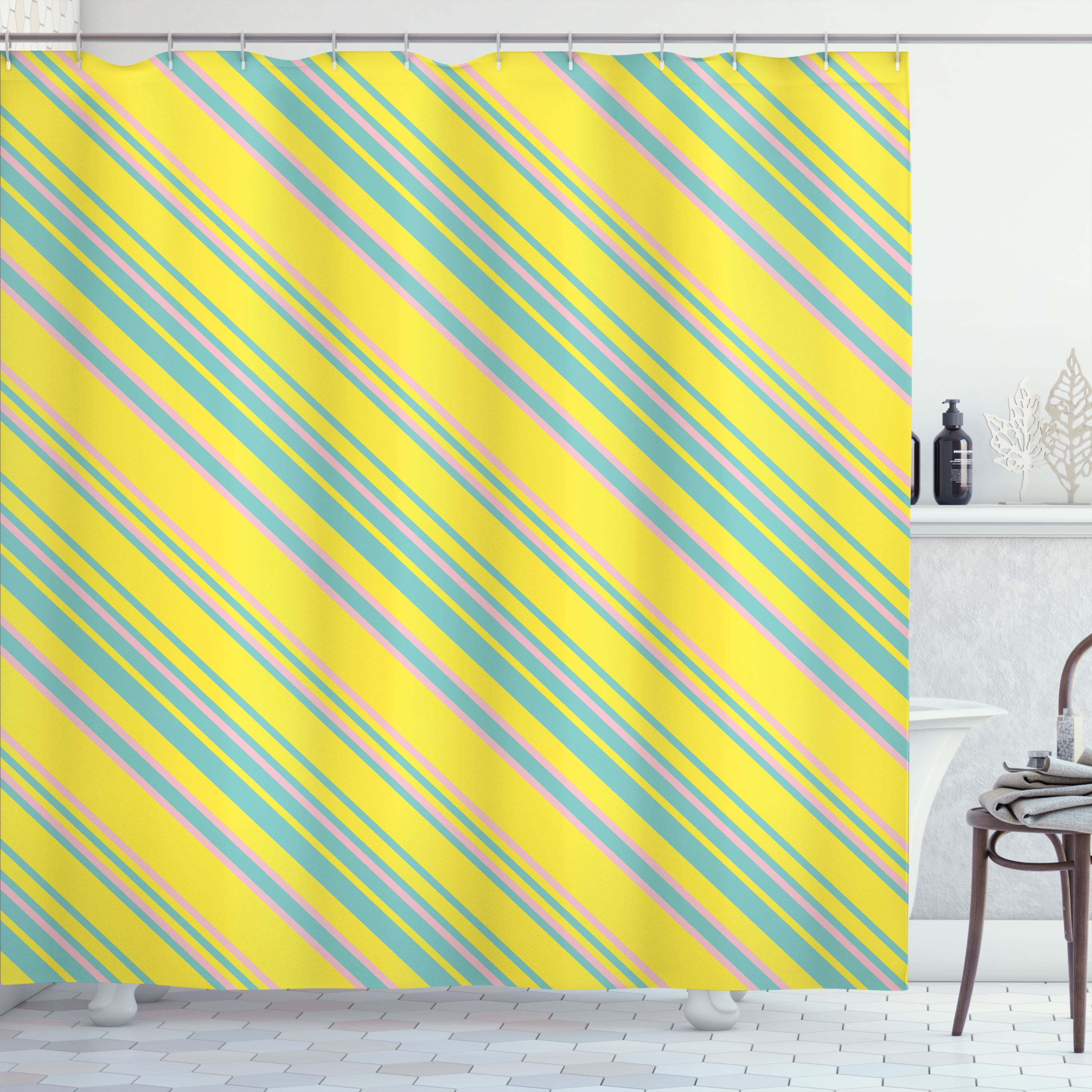 Abstract Geometry Mustard Turquoise Blush Fabric Shower Curtain