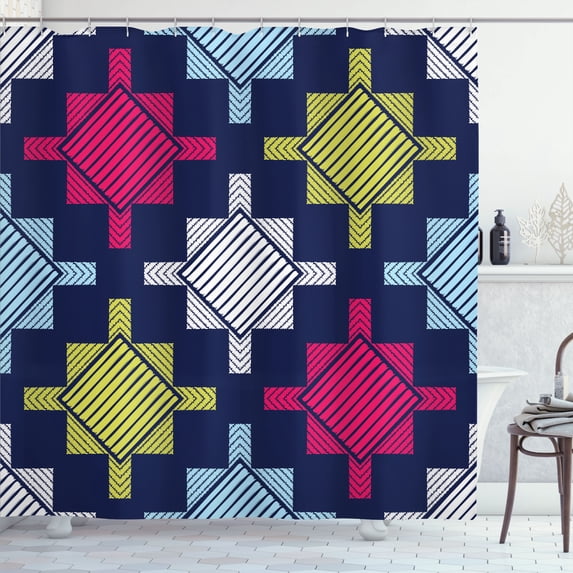 Ambesonne Geometric Shower Curtain, Tribal Square Plus Signs, 69"Wx75"L, Indigo Multicolor