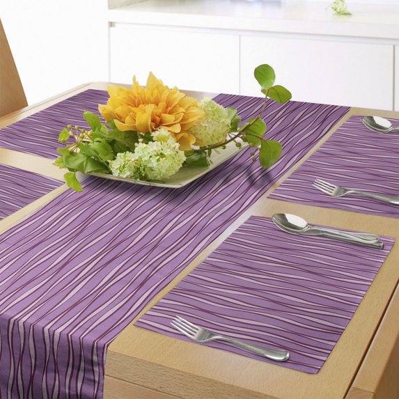 Ambesonne Geometric Table Runner & Placemats, Abstract Wave Lines Art, Placemat 4 pcs + Runner 14"x72", Pale Purple and Dark Fuchsia