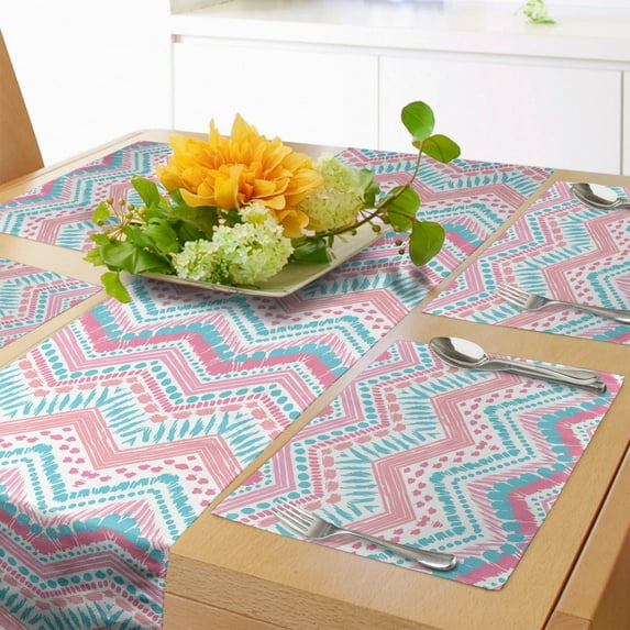 Ambesonne Geometric Table Runner & Placemats, Brush Stroked Zigzags, Placemat 4 pcs + Runner 16"x72", Pale Pink Aqua Pink