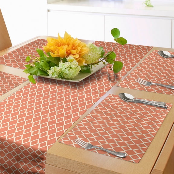 Ambesonne Geometric Table Runner & Placemats, Checkered Modern Tile, Placemat 4 pcs + Runner 16"x72", Orange White
