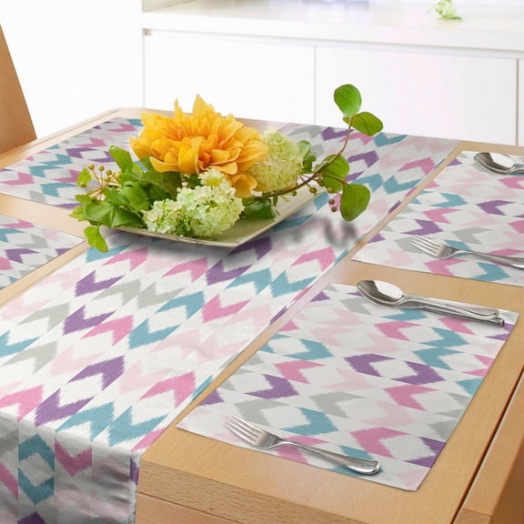 Ambesonne Geometric Table Runner & Placemats, Eastern Chevron Boho, Placemat 4 pcs + Runner 14"x72", Violet Pink Teal
