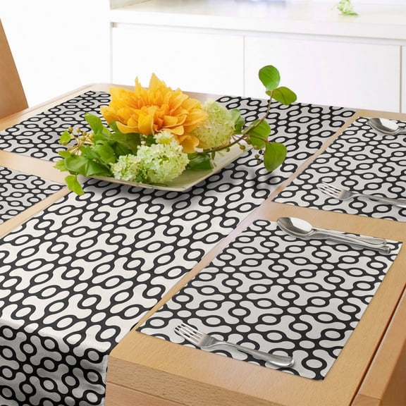 Ambesonne Geometric Table Runner & Placemats, Grid Like Circles Design, Placemat 4 pcs + Runner 16"x90", Off White Black