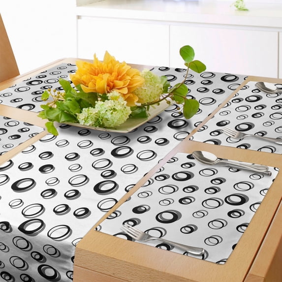 Ambesonne Geometric Table Runner & Placemats, Minimalist Rounds, Placemat 4 pcs + Runner 14"x72", Black White