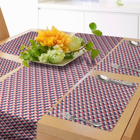 Ambesonne Geometric Table Runner & Placemats, Mosaic Grid Pattern, Placemat 4 pcs + Runner 12"x72", Dark Coral Navy Blue