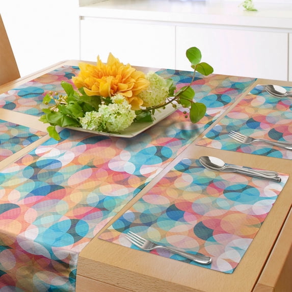 Ambesonne Geometric Table Runner & Placemats, Pastel Mosaic Circles, Placemat 4 pcs + Runner 16"x72", Peach Coral Blue