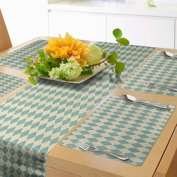 Ambesonne Geometric Table Runner & Placemats, Retro Argyle Pattern, Placemat 4 pcs + Runner 14"x72", Beige Teal