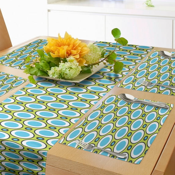 Ambesonne Geometric Table Runner & Placemats, Retro Circle and Dots, Placemat 4 pcs + Runner 14"x90", Yellow Green Blue Black