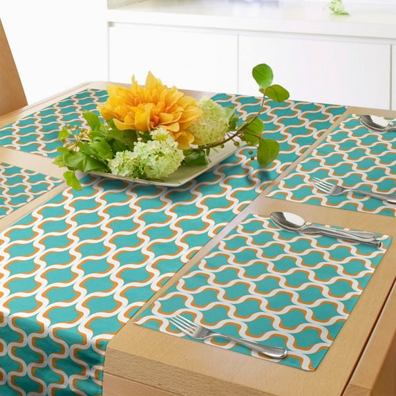 Ambesonne Geometric Table Runner & Placemats, Seventies Retro Form, Placemat 4 pcs + Runner 16"x72", Orange White Teal