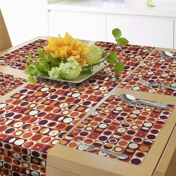 Ambesonne Geometric Table Runner & Placemats, Sixties Style Ovals, Placemat 4 pcs + Runner 16"x90", Marigold Maroon