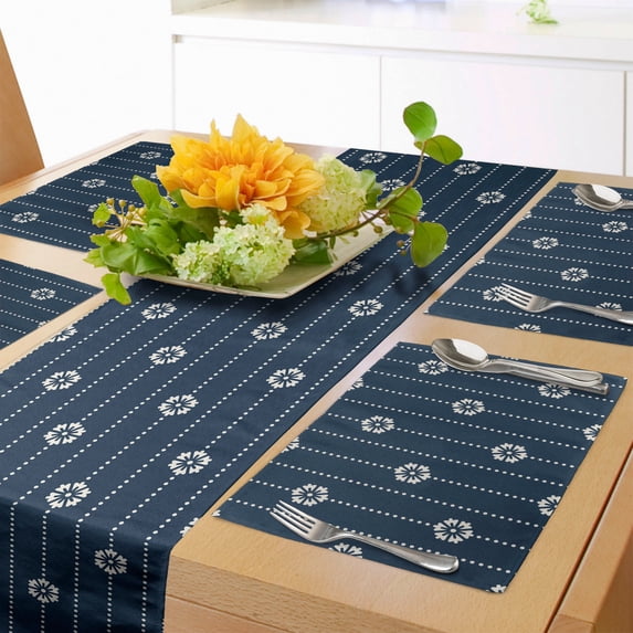 Ambesonne Geometric Table Runner & Placemats, Spring Blossoming Floral, Placemat 4 pcs + Runner 14"x90", Dark Blue Cream