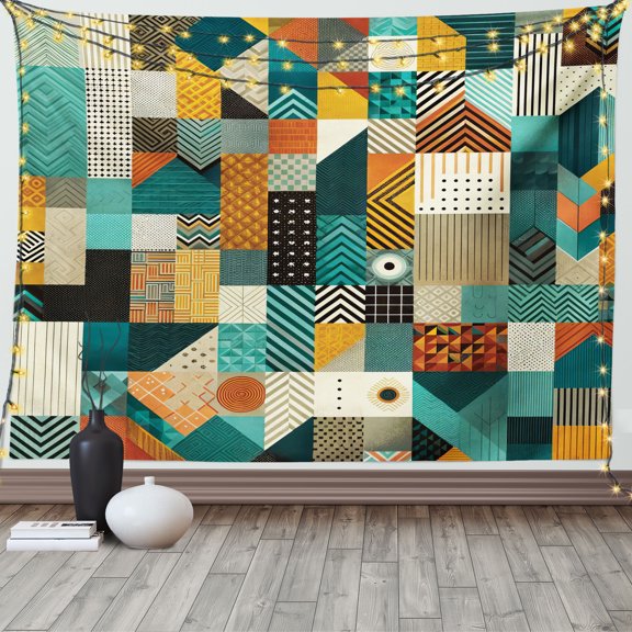 Ambesonne Geometric Tapestry Wall Hanging, Patchwork Square Triangle, 60"x40", Teal Orange Multicolor