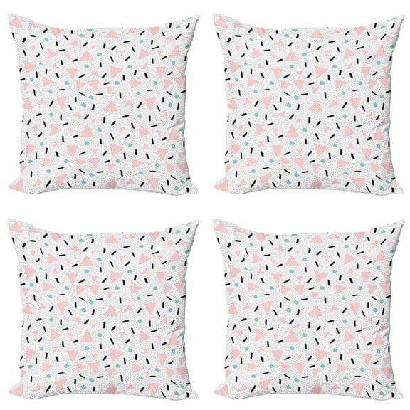 Ambesonne Geometric Throw Pillow Cover 4 Pack, Retro Triangles Dots, 18", Pale Pink Teal Black
