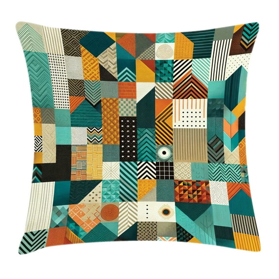 Ambesonne Geometric Throw Pillow Cushion Cover, Patchwork Square Triangle, 24" X 24", Teal Orange Multicolor