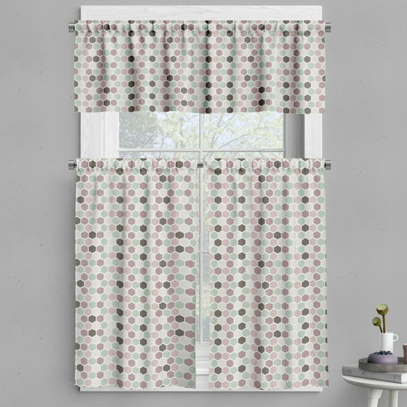 Ambesonne Geometric Valance & Curtain, Grungy Colorful Hexagon, 55"x30", Grey Pink and Pale Green