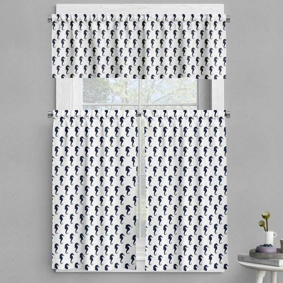 Ambesonne Geometric Valance & Curtain, Seahorse Silhouettes, 55"x45", Dark Blue White