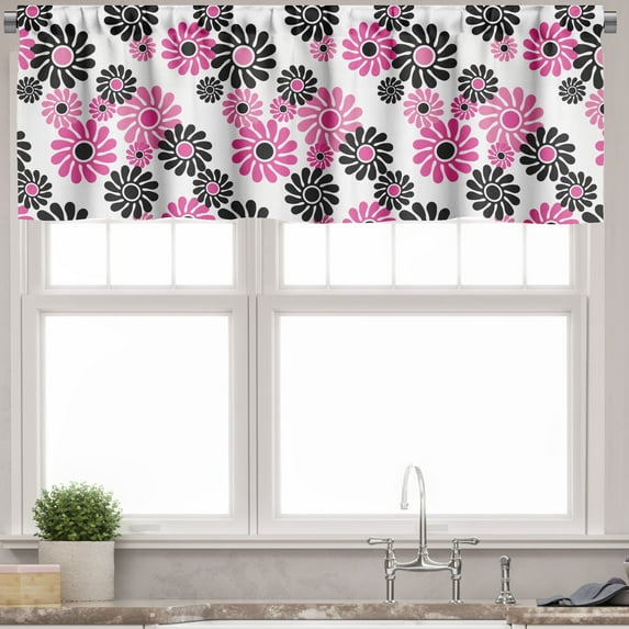 Ambesonne Geometric Valance Pack of 2, Old Fashioned Blooming, 54"X12", Hot Pink White Black