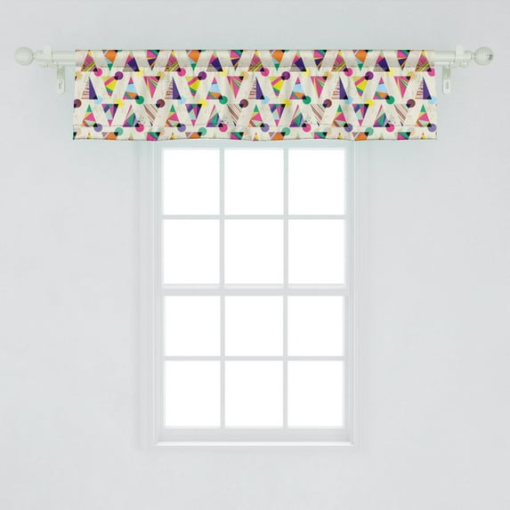 Ambesonne Geometric Window Valance, Colorful Retro Style Triangles and Circles on a Grunge Background, Curtain Valance for Kitchen Bedroom Decor with Rod Pocket, 54" X 12", Eggshell and Multicolor