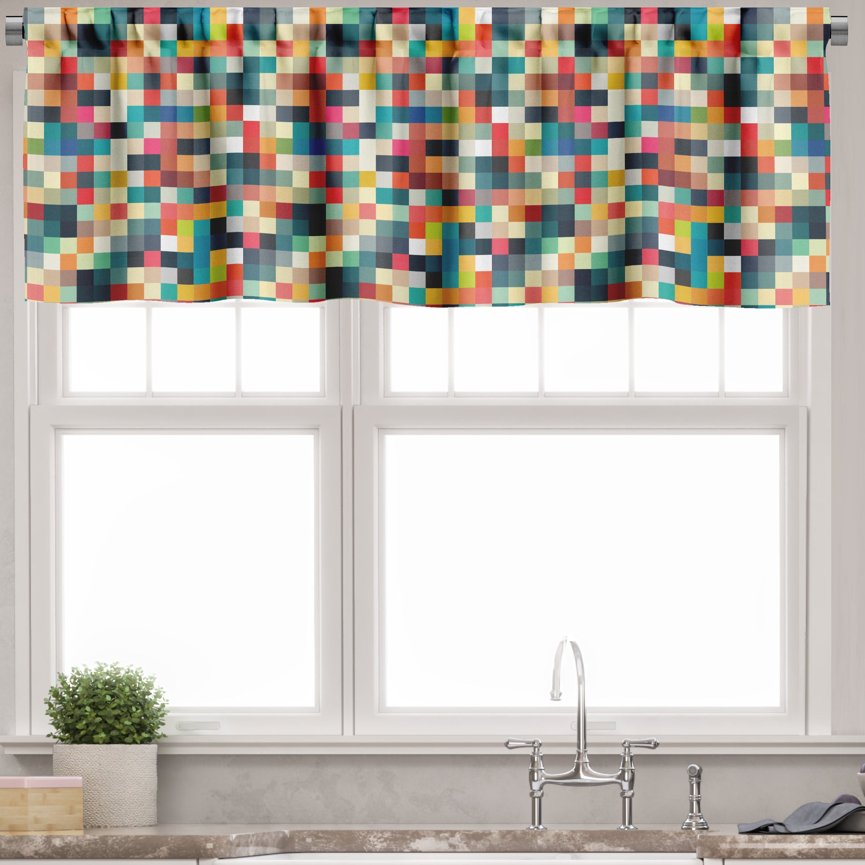 Ambesonne Geometric Window Valance, Colorful Squares Grid, 54" X 12", Multicolor
